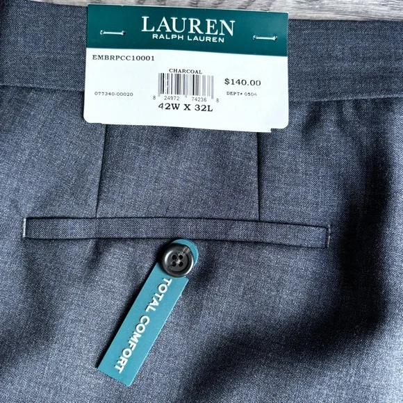 NWT Lauren Ralph Lauren Total Comfort Charcoal Gray Wool Dress Pants 42 X 32 - Picture 9 of 10